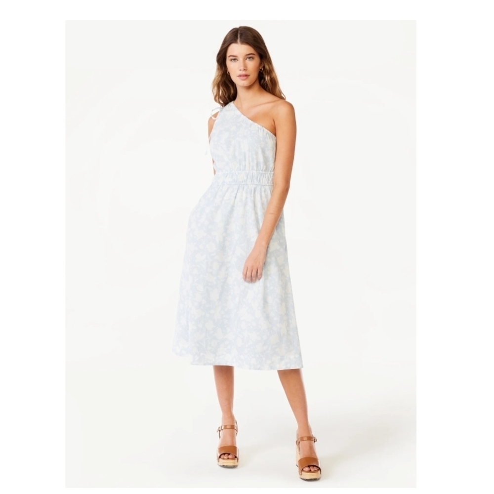Blue and White One Shoulder Sleeveless Sundress Boho Summer Dress